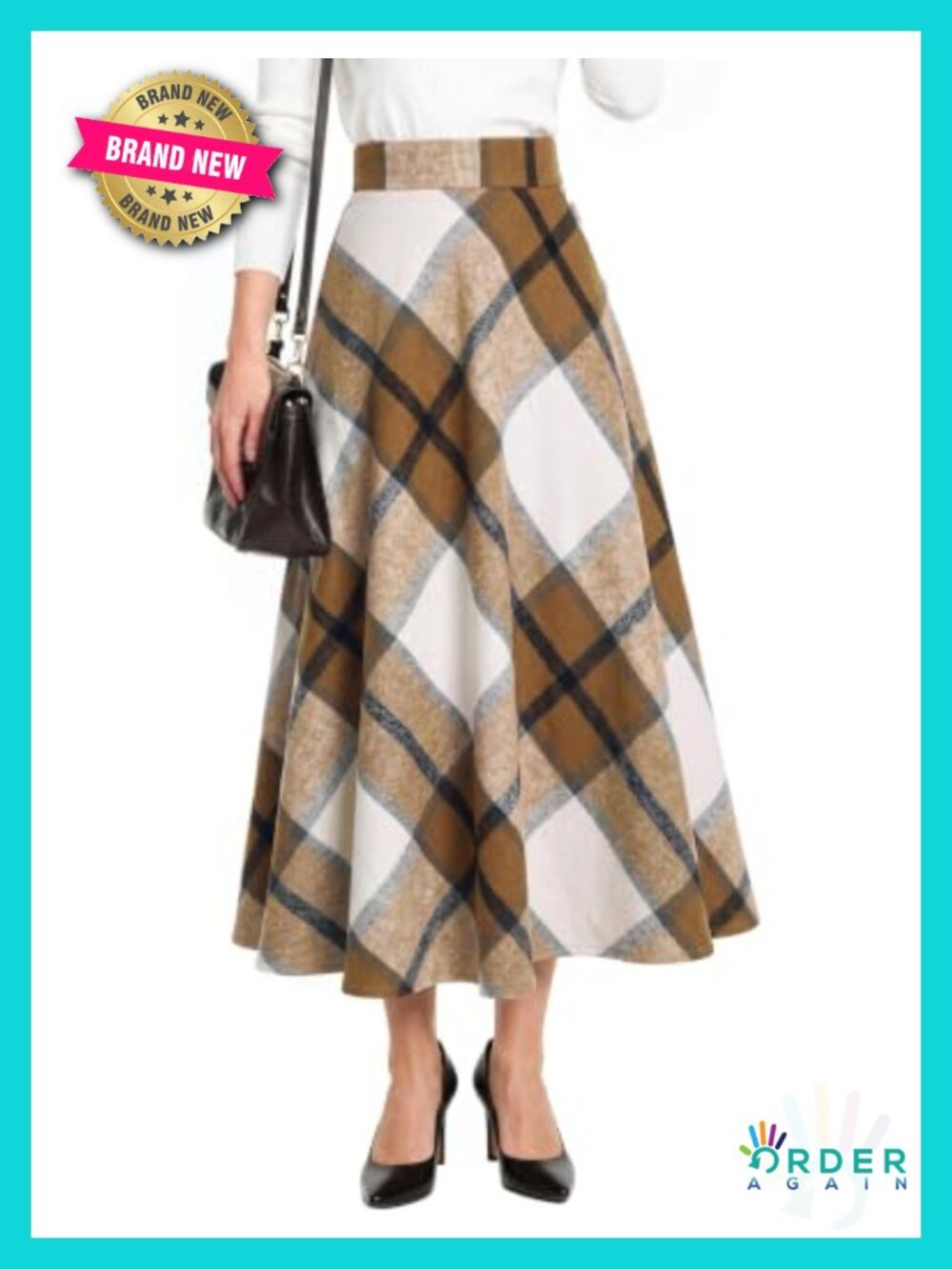 Plaid A-Line Midi Skirt with Pockets Elastic Waist Wool Blend